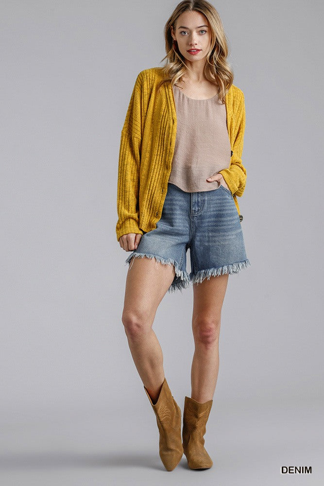 High Rise Denim Shorts With Raw Hem - Pikemla