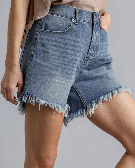 High Rise Denim Shorts With Raw Hem - Pikemla