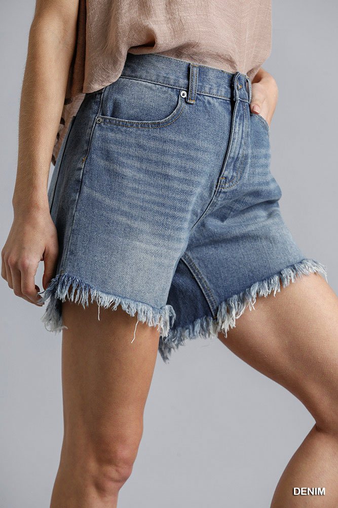 High Rise Denim Shorts With Raw Hem - Pikemla