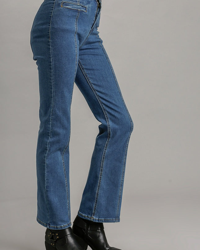 Panel Straight Cut Denim Jeans With Pockets - Pikemla