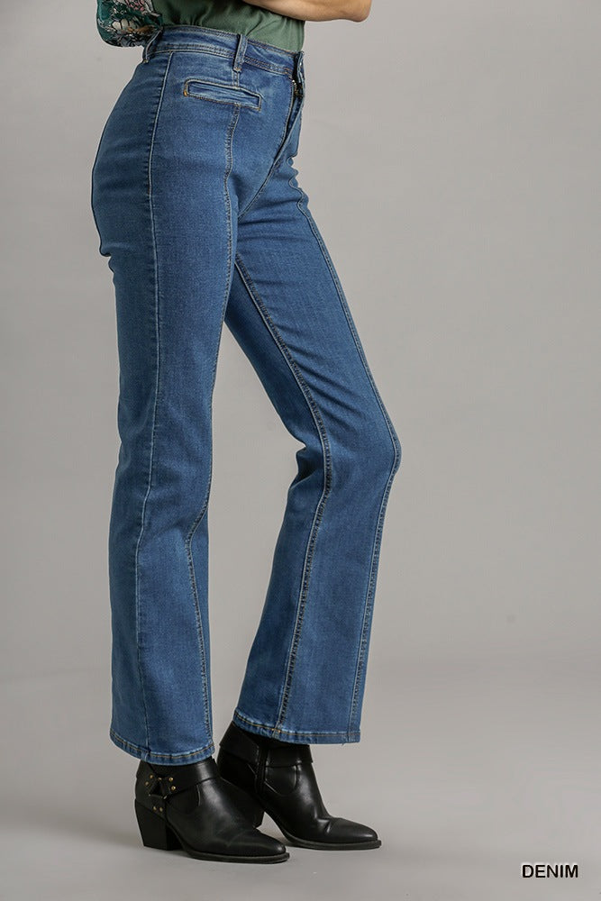 Panel Straight Cut Denim Jeans With Pockets - Pikemla