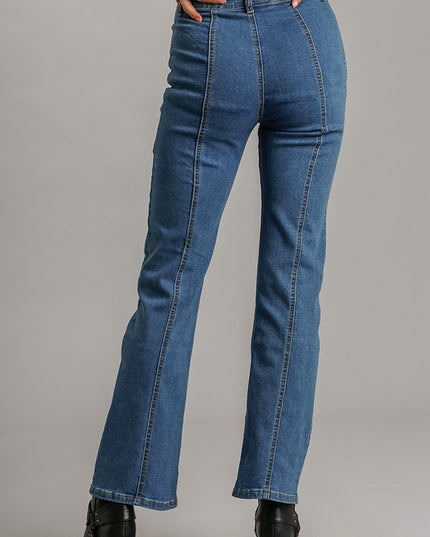 Panel Straight Cut Denim Jeans With Pockets - Pikemla