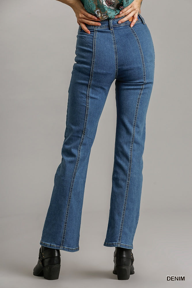 Panel Straight Cut Denim Jeans With Pockets - Pikemla