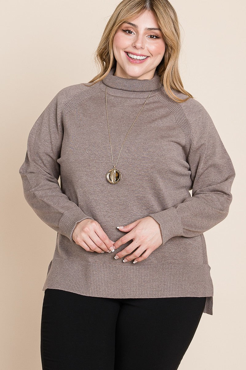 Plus Size High Quality Buttery Soft Solid Knit Turtleneck Two Tone High Low Hem Sweater - Pikemla