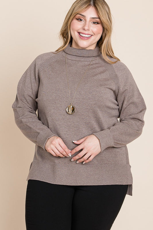 Plus Size High Quality Buttery Soft Solid Knit Turtleneck Two Tone High Low Hem Sweater - Pikemla