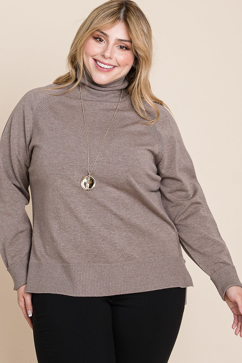 Plus Size High Quality Buttery Soft Solid Knit Turtleneck Two Tone High Low Hem Sweater - Pikemla