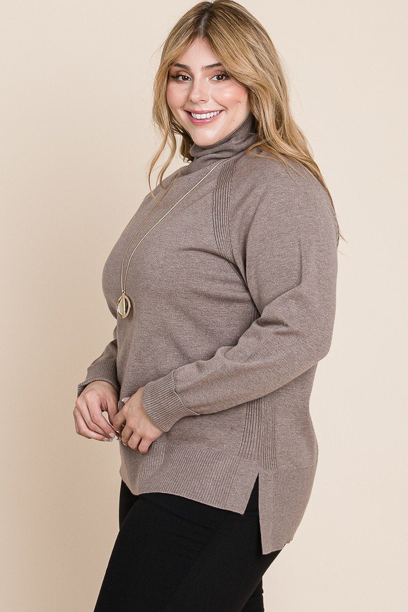 Plus Size High Quality Buttery Soft Solid Knit Turtleneck Two Tone High Low Hem Sweater - Pikemla