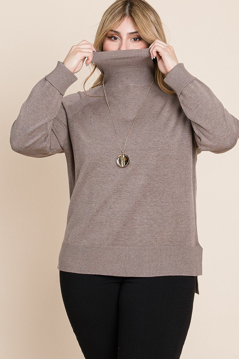 Plus Size High Quality Buttery Soft Solid Knit Turtleneck Two Tone High Low Hem Sweater - Pikemla