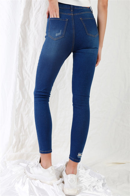 Dark Blue High-waisted With Rips Skinny Denim Jeans - Pikemla