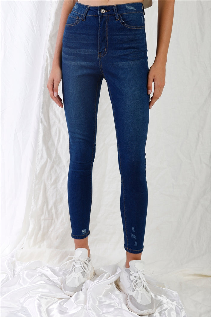 Dark Blue High-waisted With Rips Skinny Denim Jeans - Pikemla