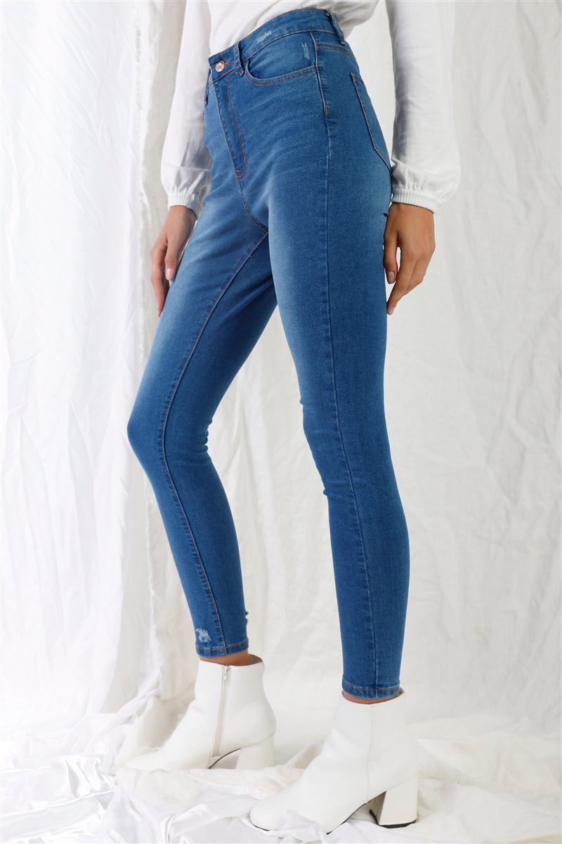 Mid Blue High-waisted With Rips Skinny Denim Jeans - Pikemla