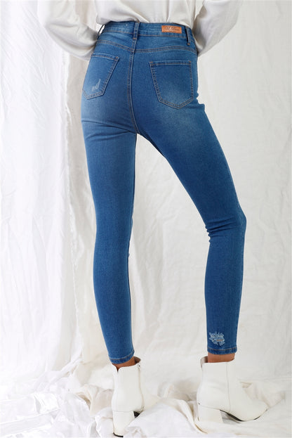 Mid Blue High-waisted With Rips Skinny Denim Jeans - Pikemla