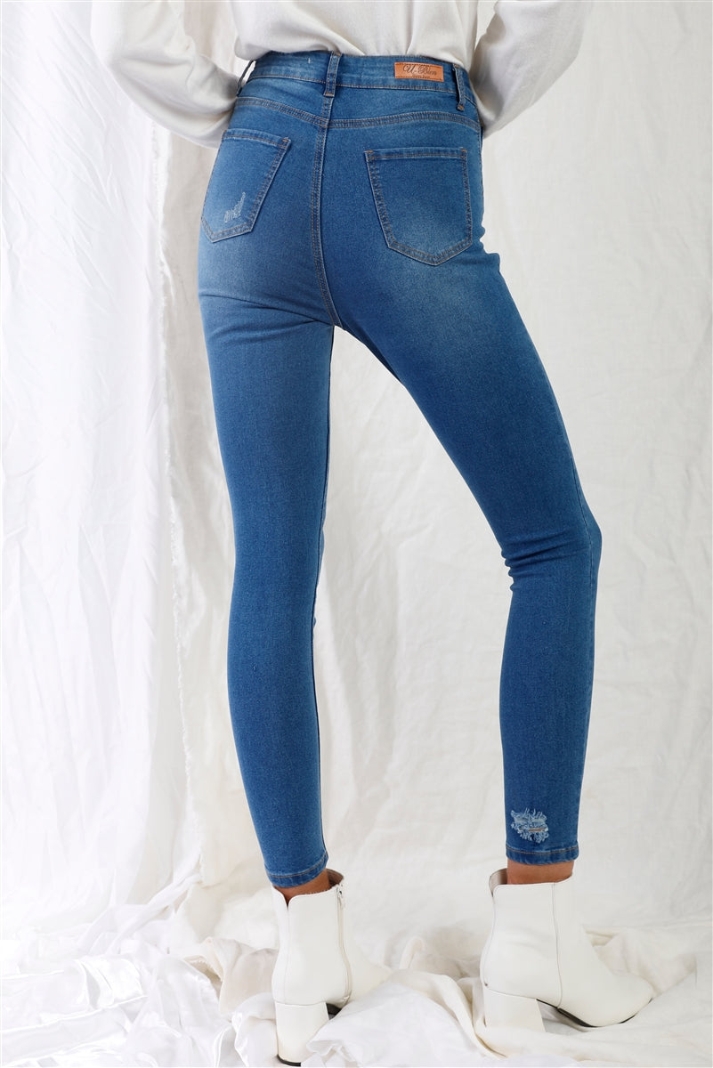 Mid Blue High-waisted With Rips Skinny Denim Jeans - Pikemla