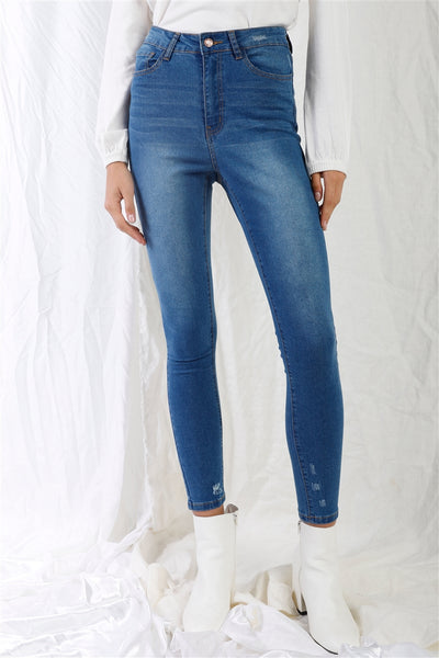 Mid Blue High-waisted With Rips Skinny Denim Jeans - Pikemla