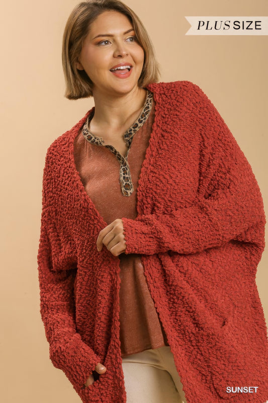 Open Front Oversized Cardigan Sweater With Pockets - Pikemla