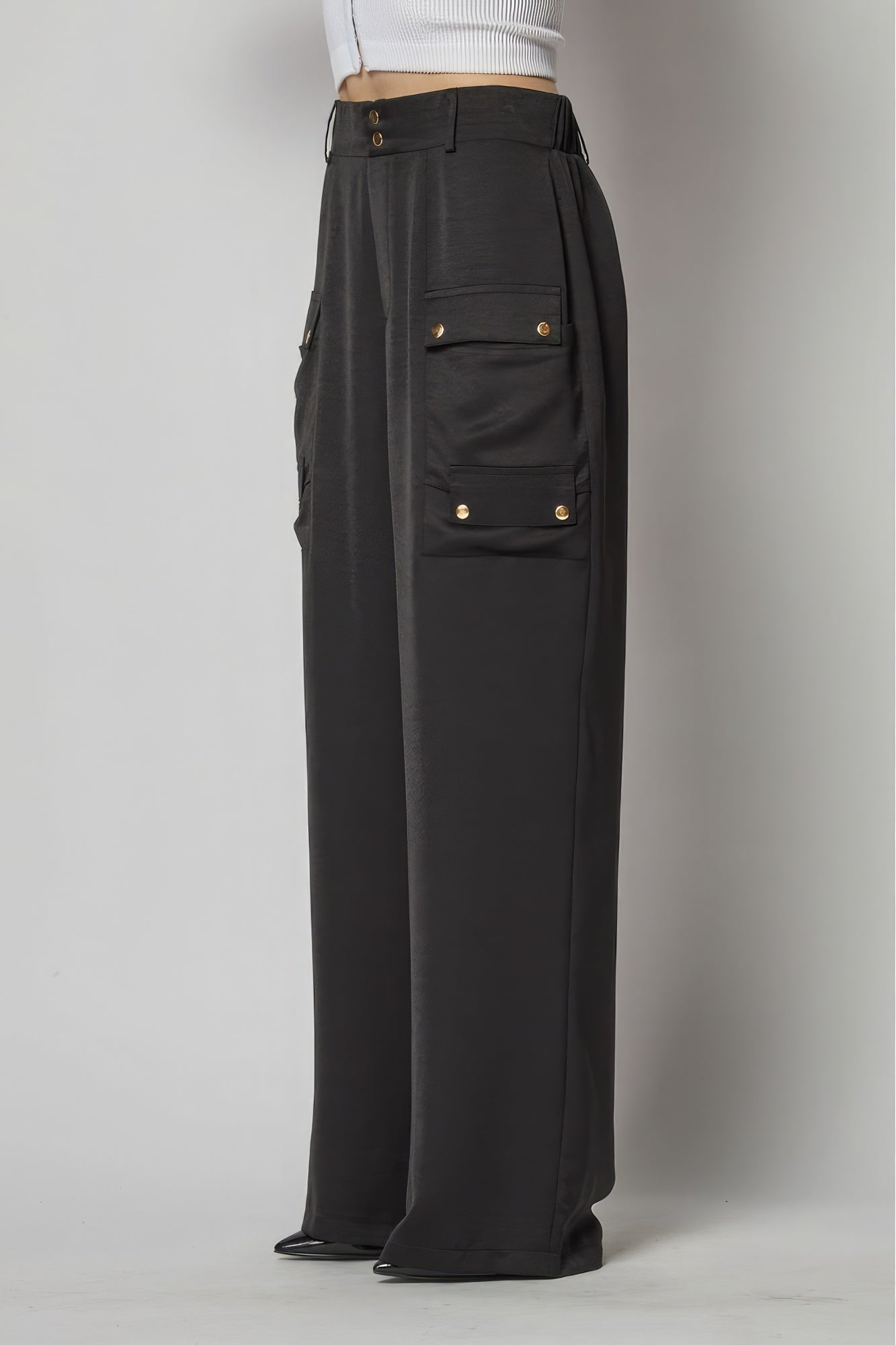 Satin Cargo Pocket Wide Leg Pants - Pikemla