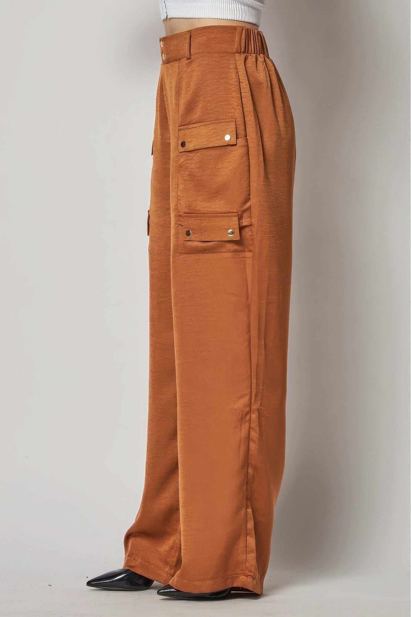 Satin Cargo Pocket Wide Leg Pants - Pikemla