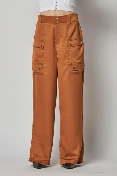 Satin Cargo Pocket Wide Leg Pants - Pikemla