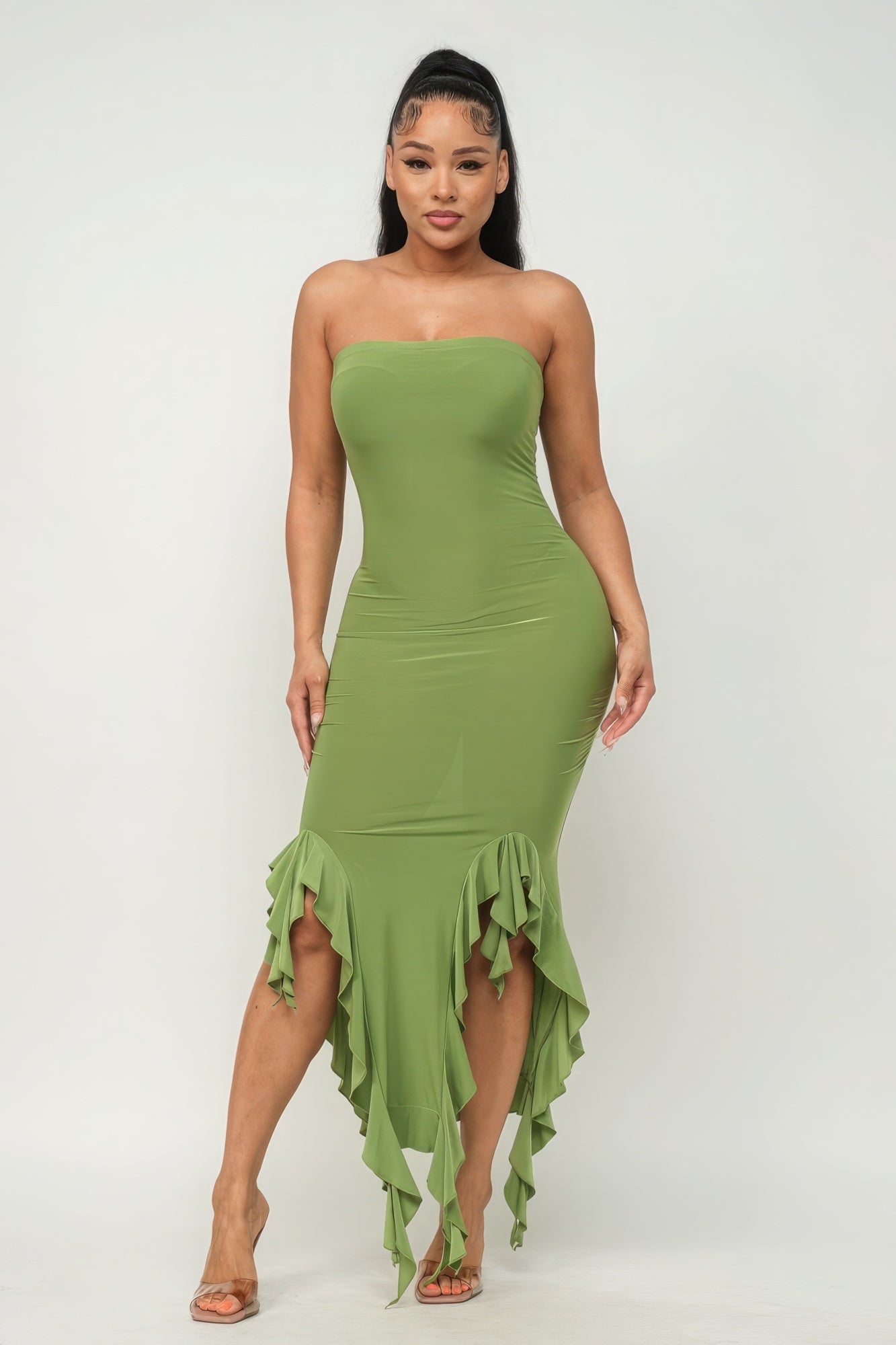 Solid Bottom Ruffle Trim Hem Slit Tube Maxi Dress - Pikemla