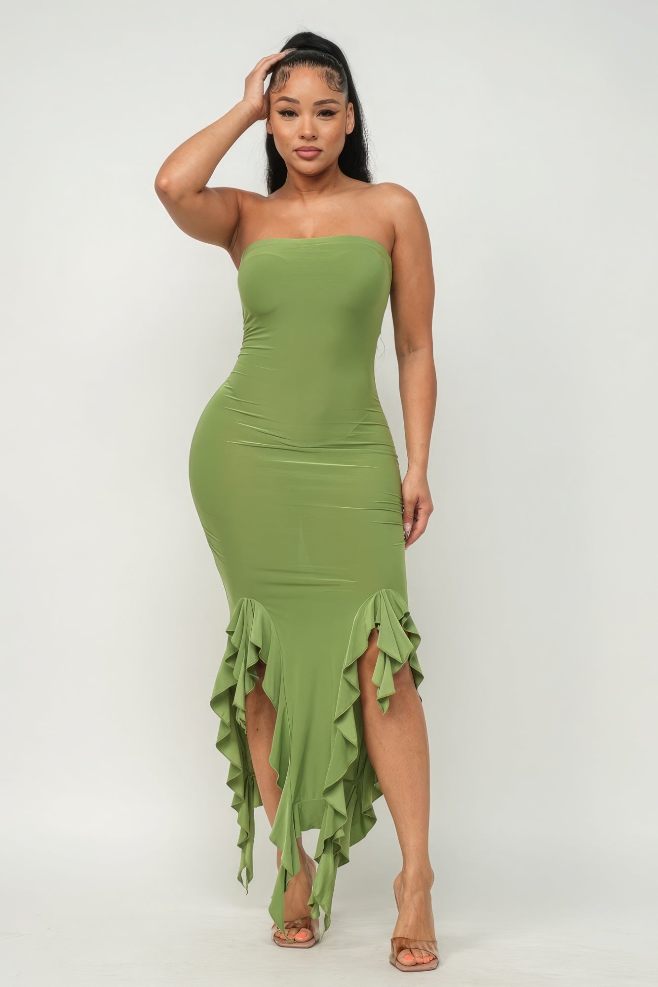 Solid Bottom Ruffle Trim Hem Slit Tube Maxi Dress - Pikemla