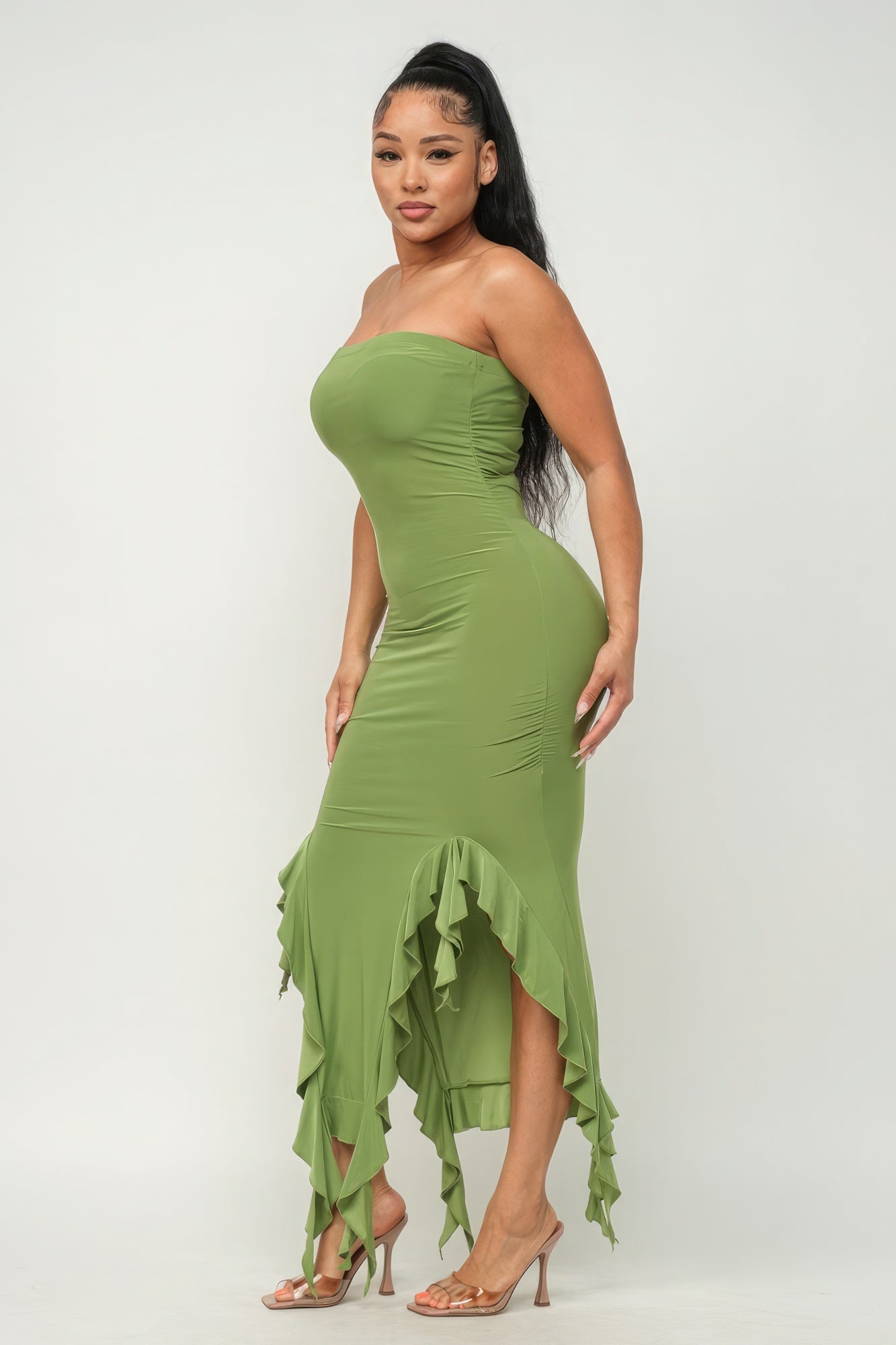 Solid Bottom Ruffle Trim Hem Slit Tube Maxi Dress - Pikemla