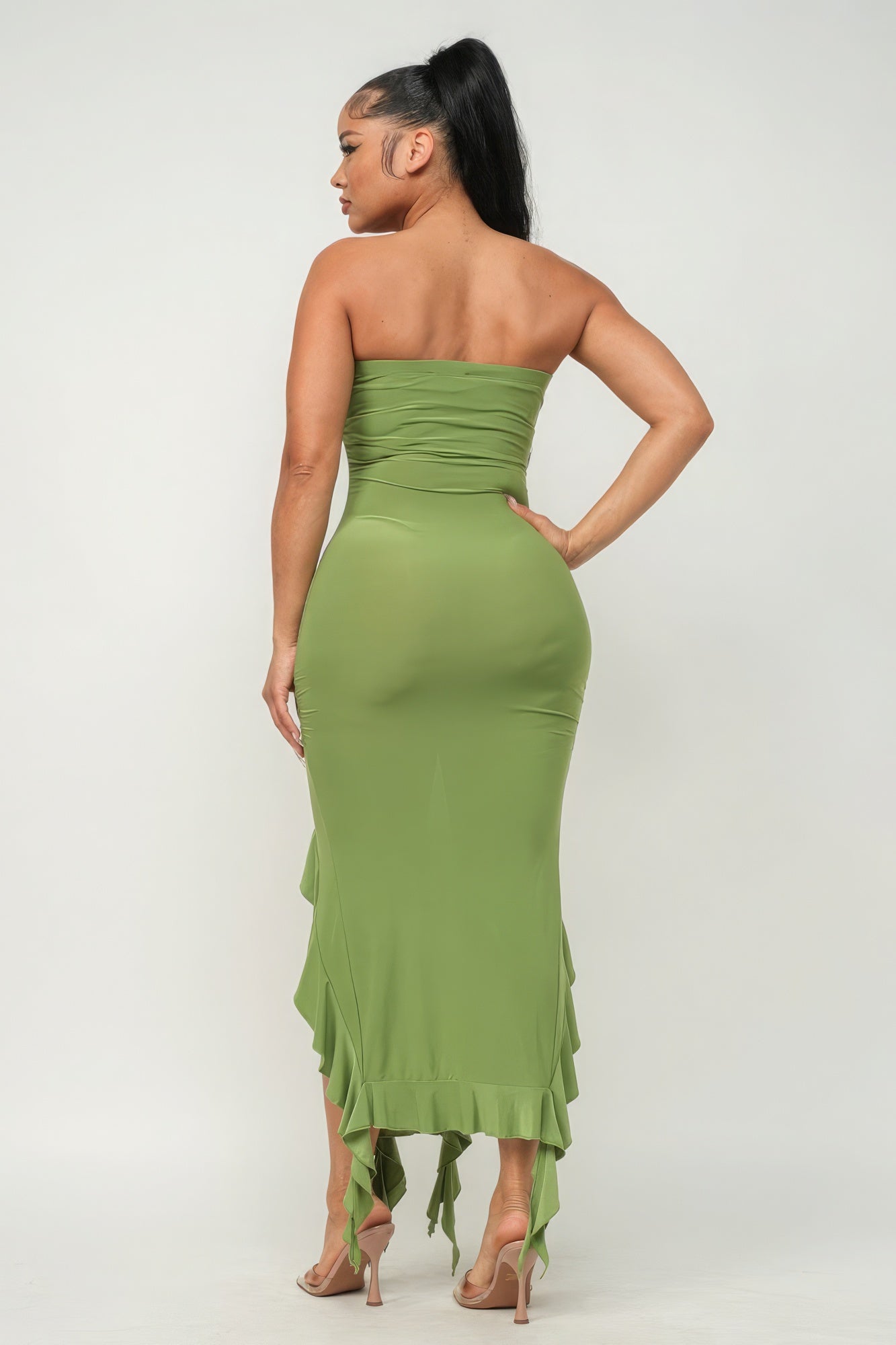 Solid Bottom Ruffle Trim Hem Slit Tube Maxi Dress - Pikemla