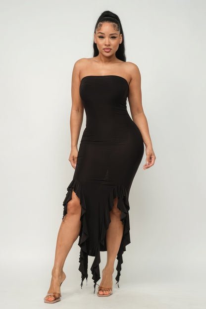 Solid Bottom Ruffle Trim Hem Slit Tube Maxi Dress - Pikemla