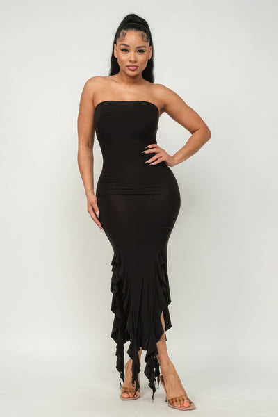 Solid Bottom Ruffle Trim Hem Slit Tube Maxi Dress - Pikemla