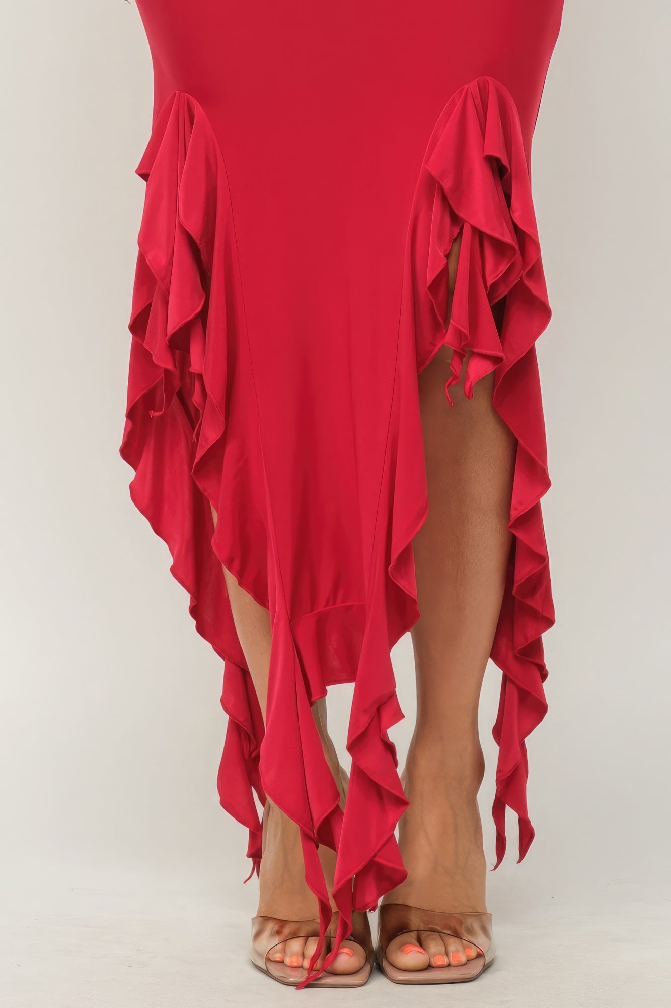 Solid Bottom Ruffle Trim Hem Slit Tube Maxi Dress - Pikemla