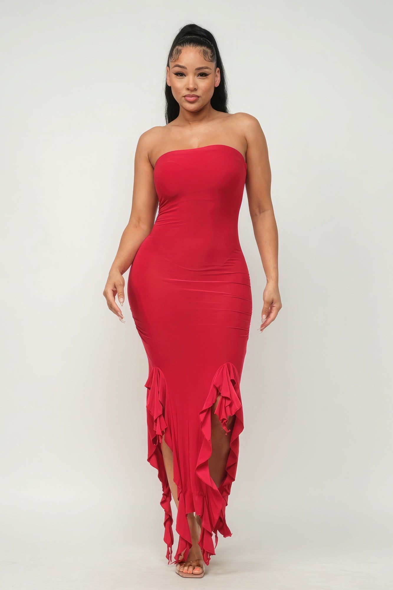 Solid Bottom Ruffle Trim Hem Slit Tube Maxi Dress - Pikemla