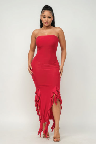 Solid Bottom Ruffle Trim Hem Slit Tube Maxi Dress - Pikemla