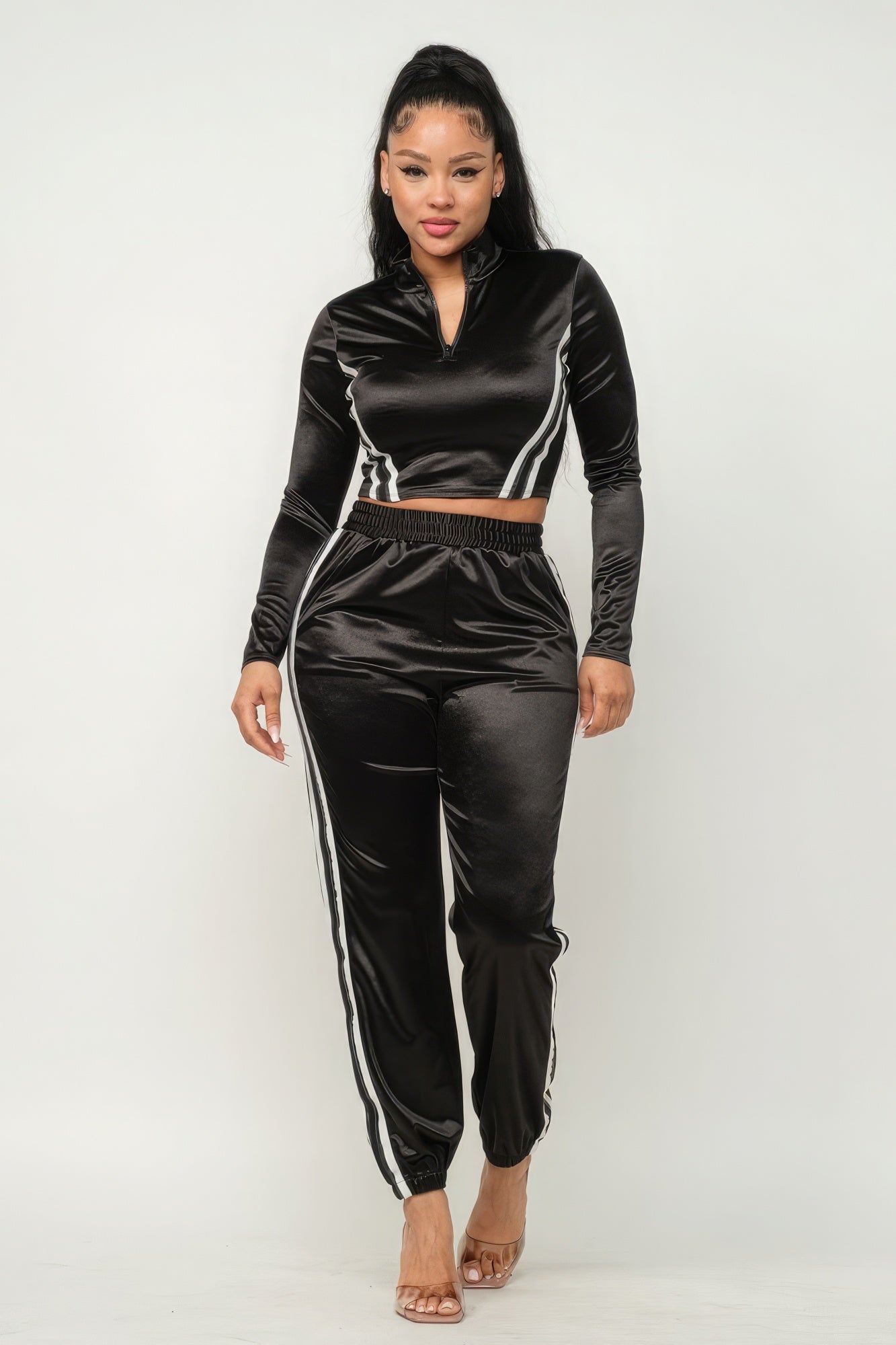 Front Zip Up Stripes Detail Jacket And Pants Set - Pikemla