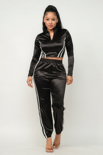 Front Zip Up Stripes Detail Jacket And Pants Set - Pikemla