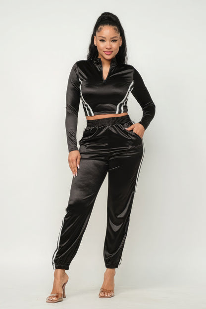 Front Zip Up Stripes Detail Jacket And Pants Set - Pikemla