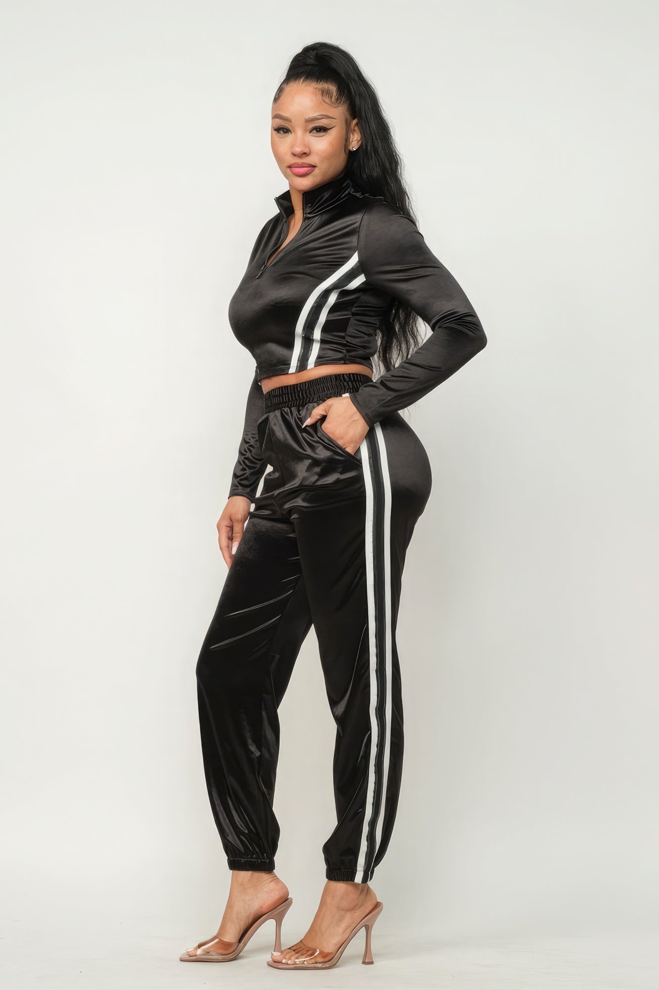 Front Zip Up Stripes Detail Jacket And Pants Set - Pikemla