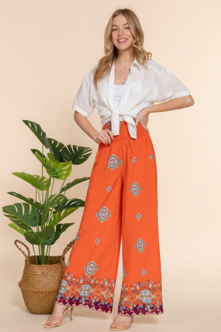 Wide Leg Border Print Woven Pants - Pikemla