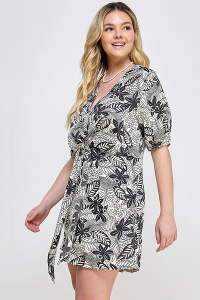 Plus Botanical Print Front Tie Dress - Pikemla