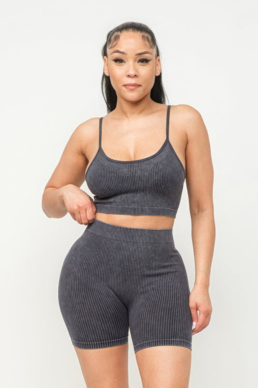 Washed Seamless Basic Tank Top And Shorts Set - Pikemla