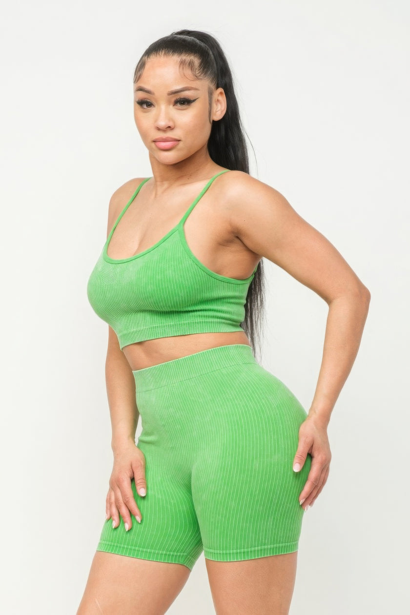 Washed Seamless Basic Tank Top And Shorts Set - Pikemla