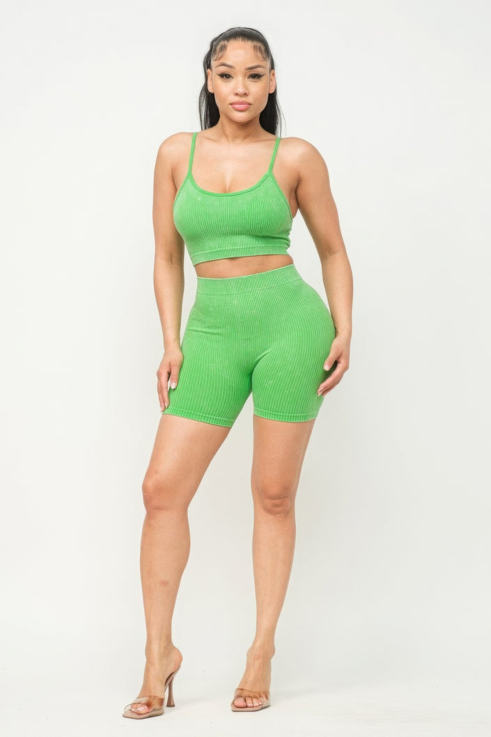 Washed Seamless Basic Tank Top And Shorts Set - Pikemla