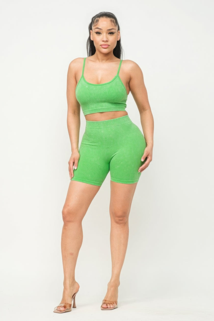 Washed Seamless Basic Tank Top And Shorts Set - Pikemla