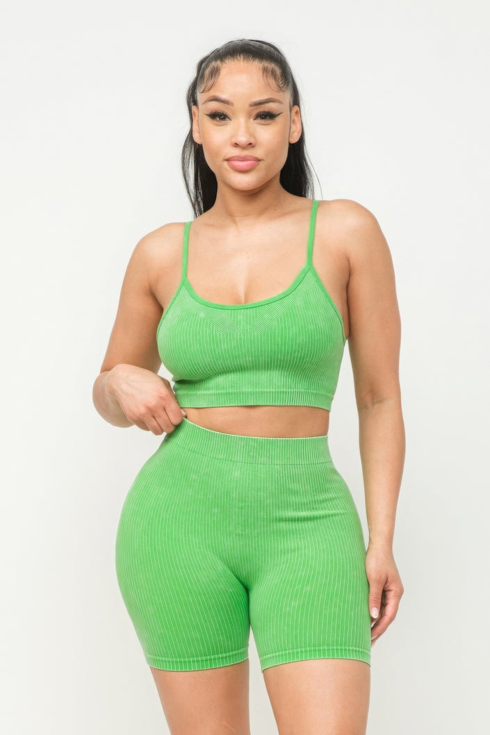 Washed Seamless Basic Tank Top And Shorts Set - Pikemla