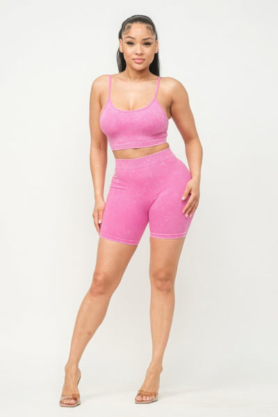 Washed Seamless Basic Tank Top And Shorts Set - Pikemla