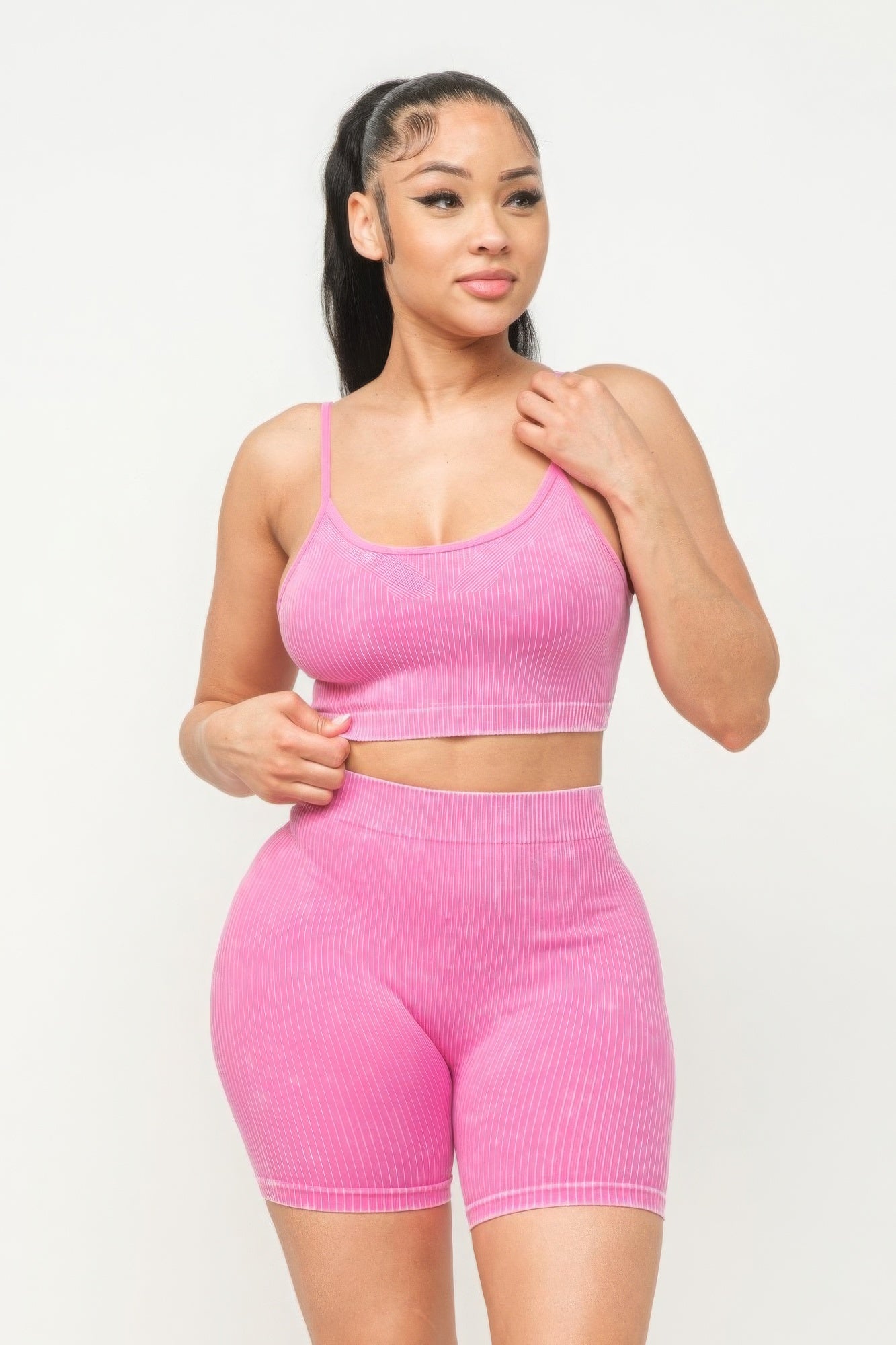 Washed Seamless Basic Tank Top And Shorts Set - Pikemla