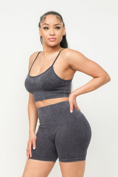 Washed Seamless Basic Tank Top And Shorts Set - Pikemla