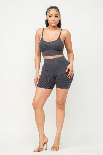 Washed Seamless Basic Tank Top And Shorts Set - Pikemla