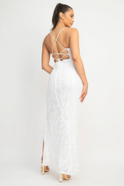 Sequin Back-crisscross Tie Slit Dress - Pikemla