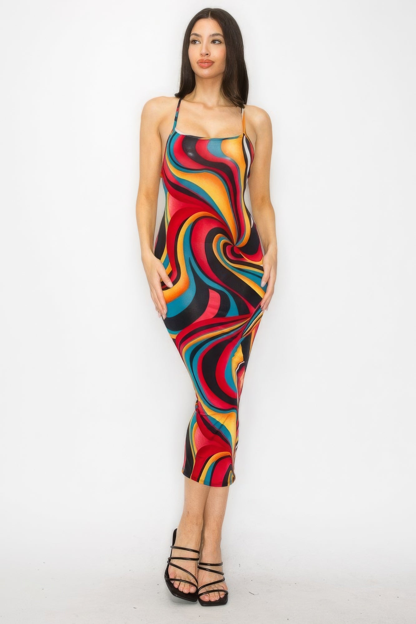 Crossed Back Marble Print Multicolor Midi Dress - Pikemla