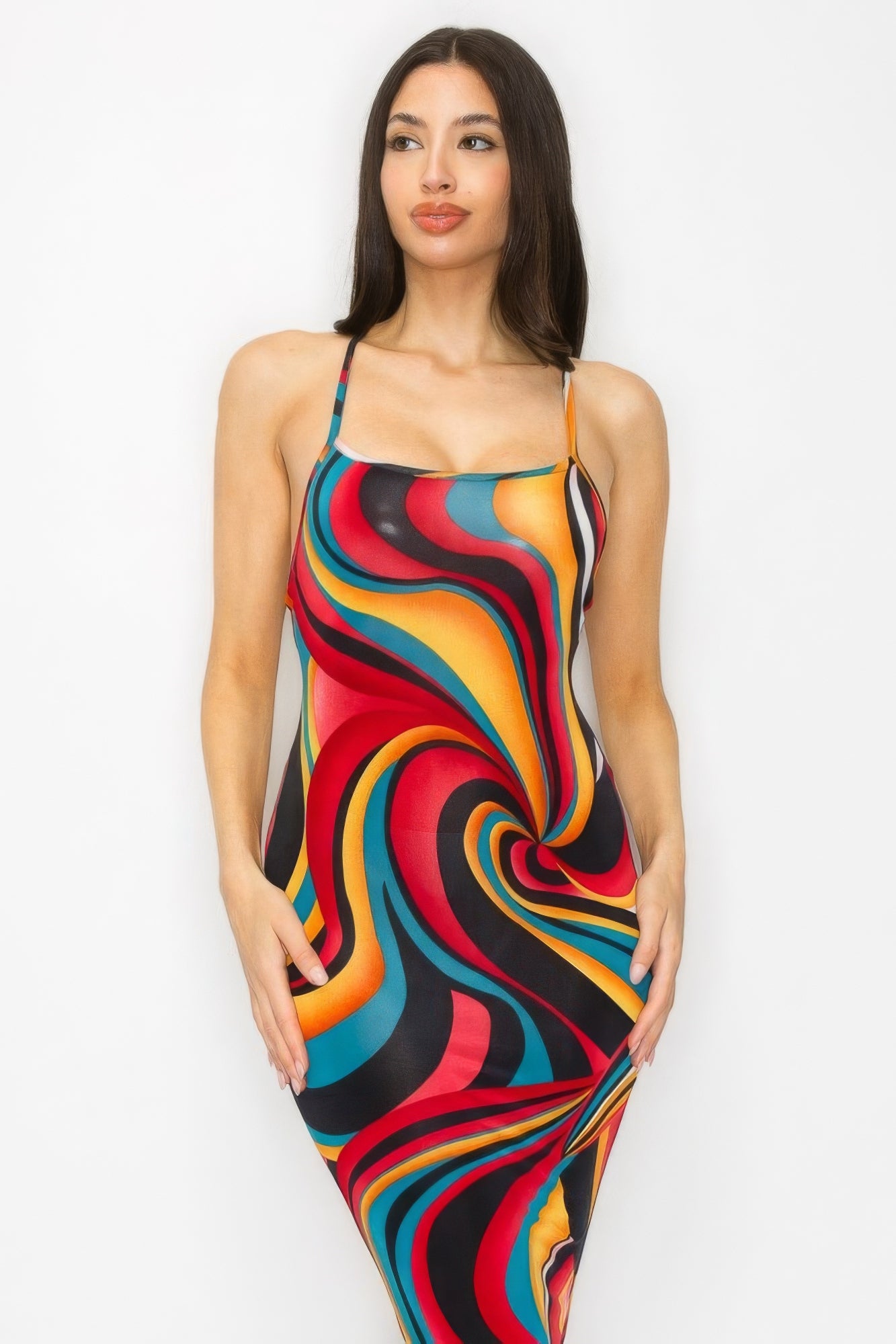 Crossed Back Marble Print Multicolor Midi Dress - Pikemla