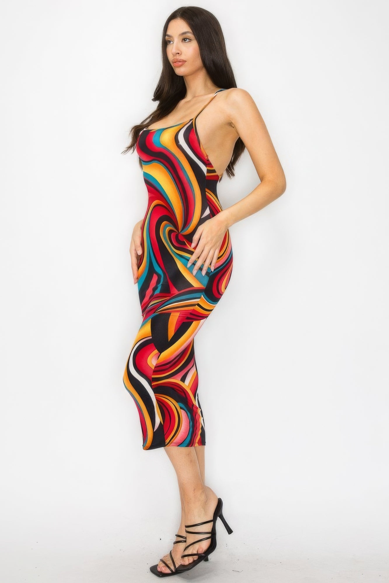 Crossed Back Marble Print Multicolor Midi Dress - Pikemla